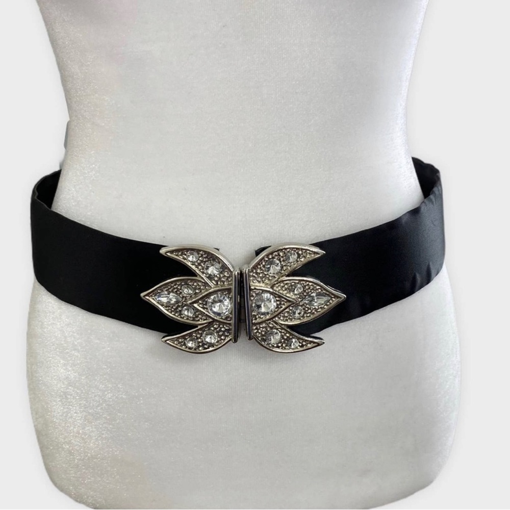 Bob Mackie Black Satin Wide Belt with Art Deco Crystal Embellished Closure